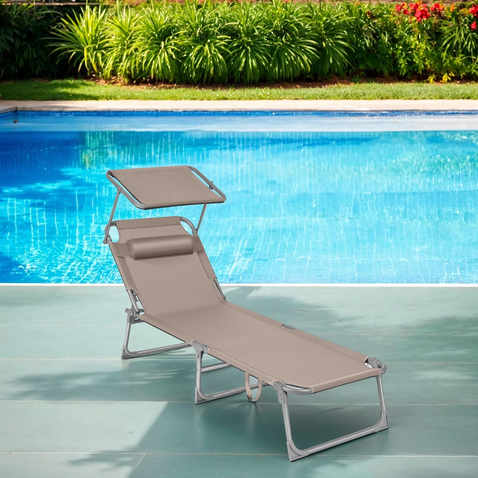 Sun Lounger - FIORIA Folding Deck Chair Sunbed - Beige - Indigo Home