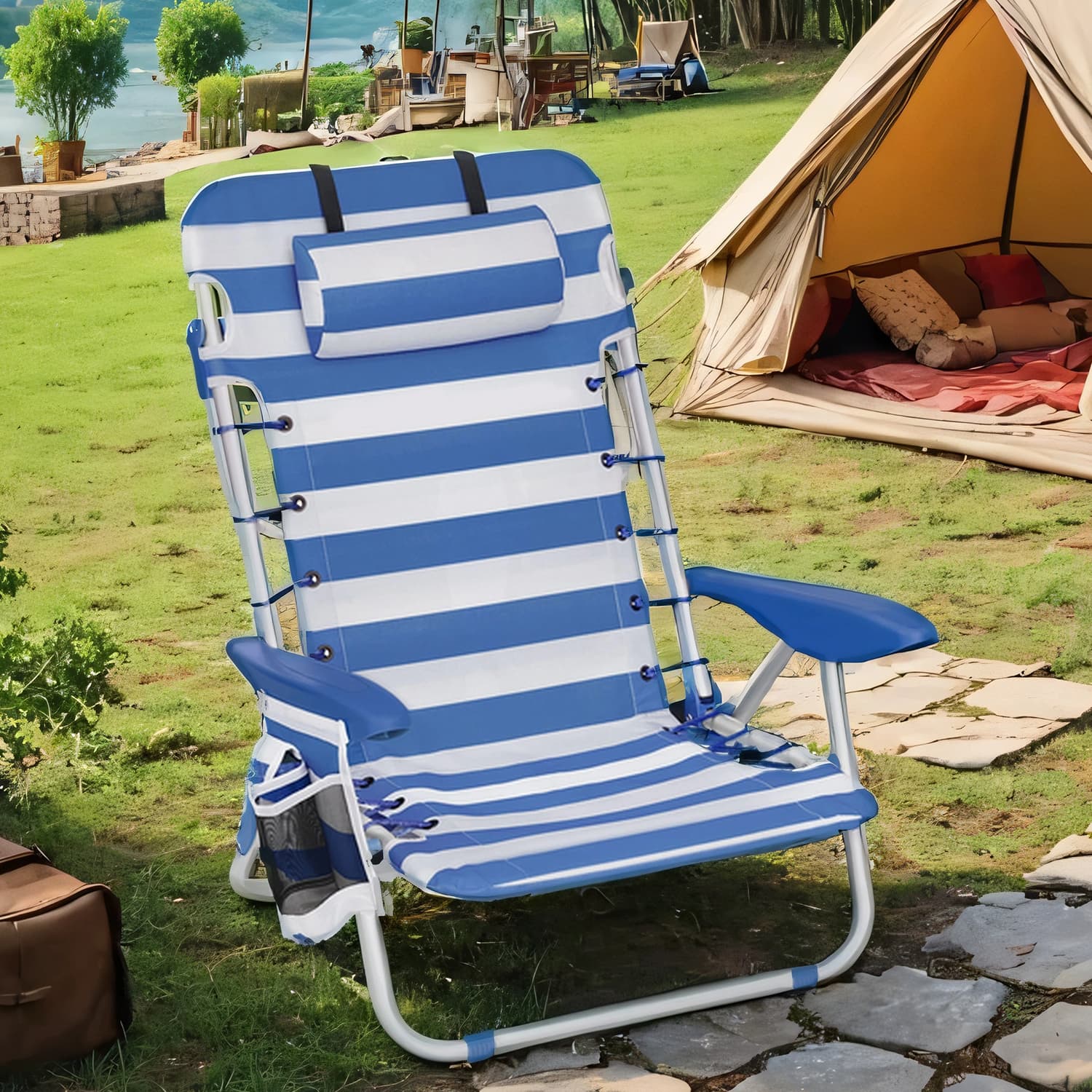 Beach Chair - FIORIA Folding Camping Chair Portable Outdoor - Blue - Indigo Home