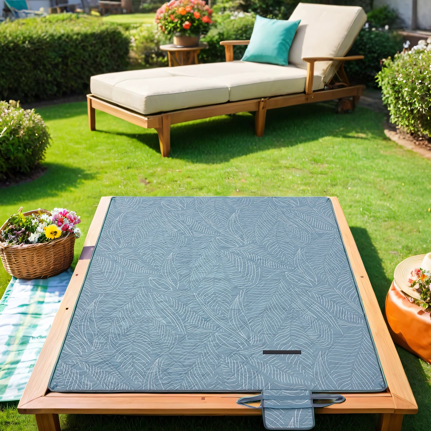 Picnic Blanket - FIORIA Waterproof Outdoor Blanket with 4 Ground Pegs 200 x 200 cm - Grey - Indigo Home