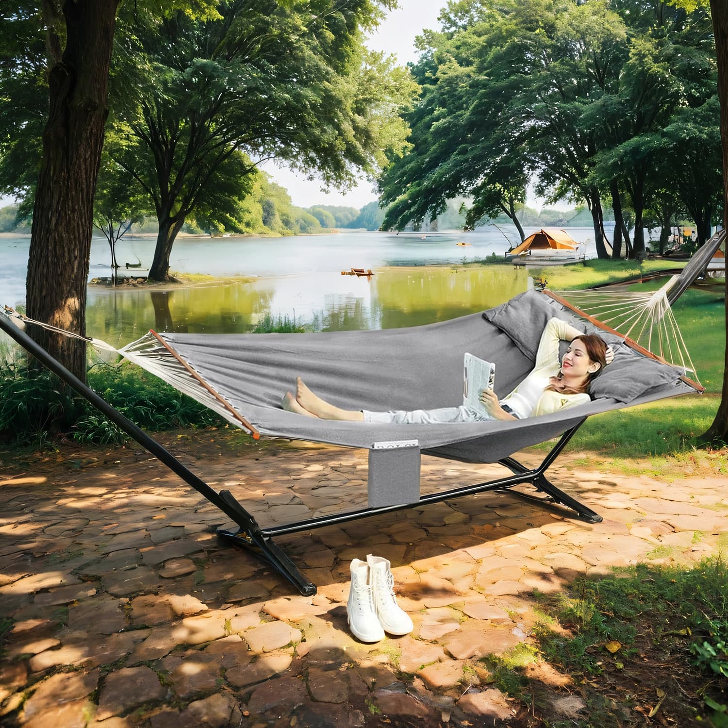Hammock Swing - FIORIA Outdoor Swing Bed with 2 Pillows and Wooden Bar - Grey - Indigo Home