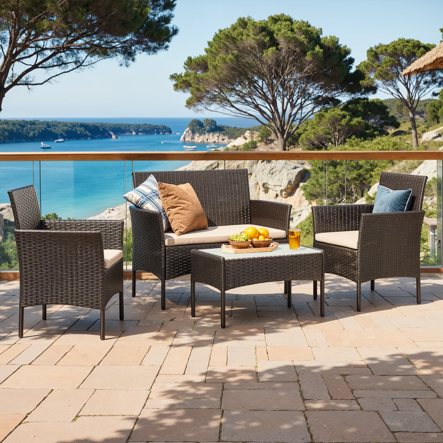 Garden Furniture Set - FIORIA Polyrattan Conversation Set for Patio Terrace - Brown - Indigo Home