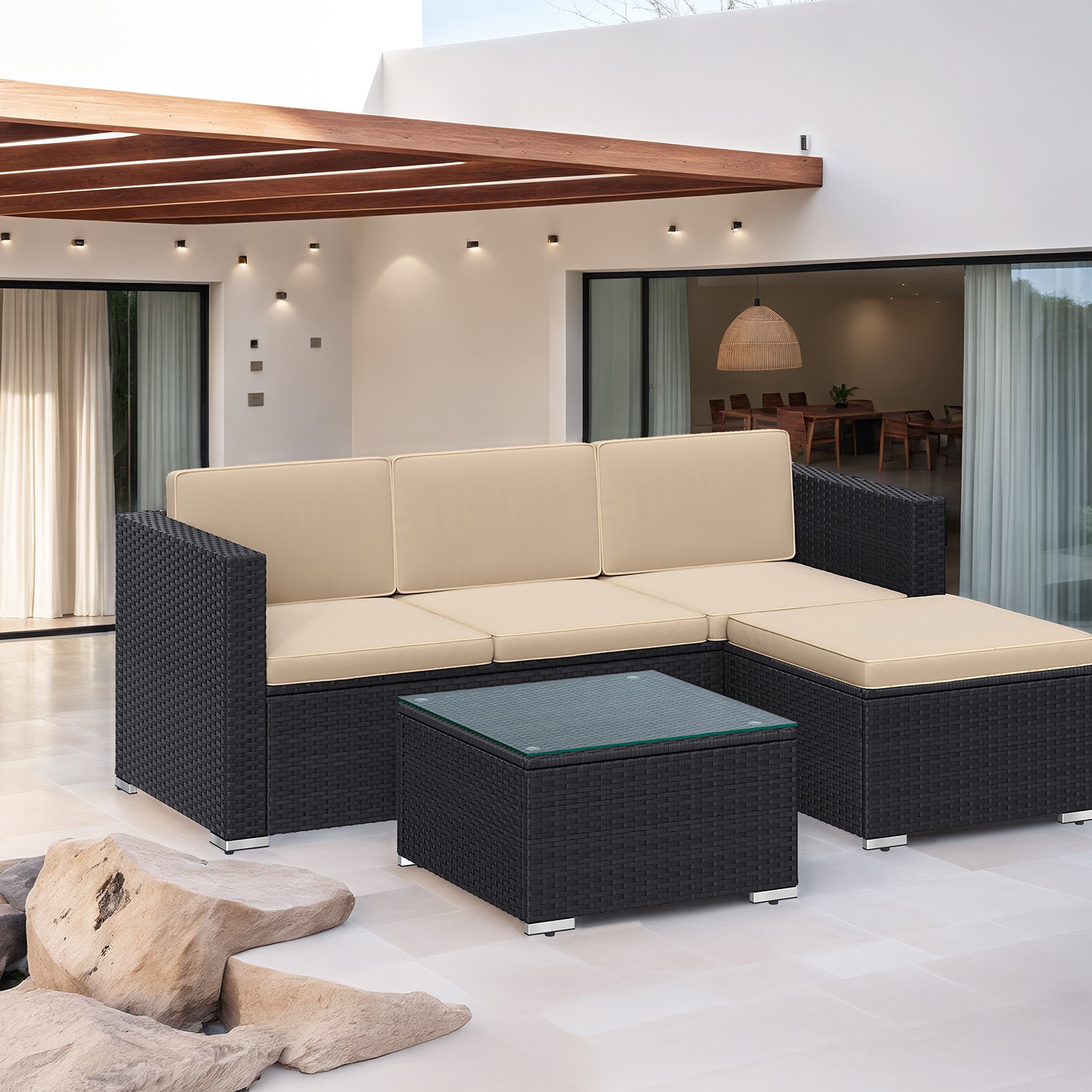 Garden Furniture Set - FIORIA Patio Conversation Sofa and Glass Table - Black - Indigo Home