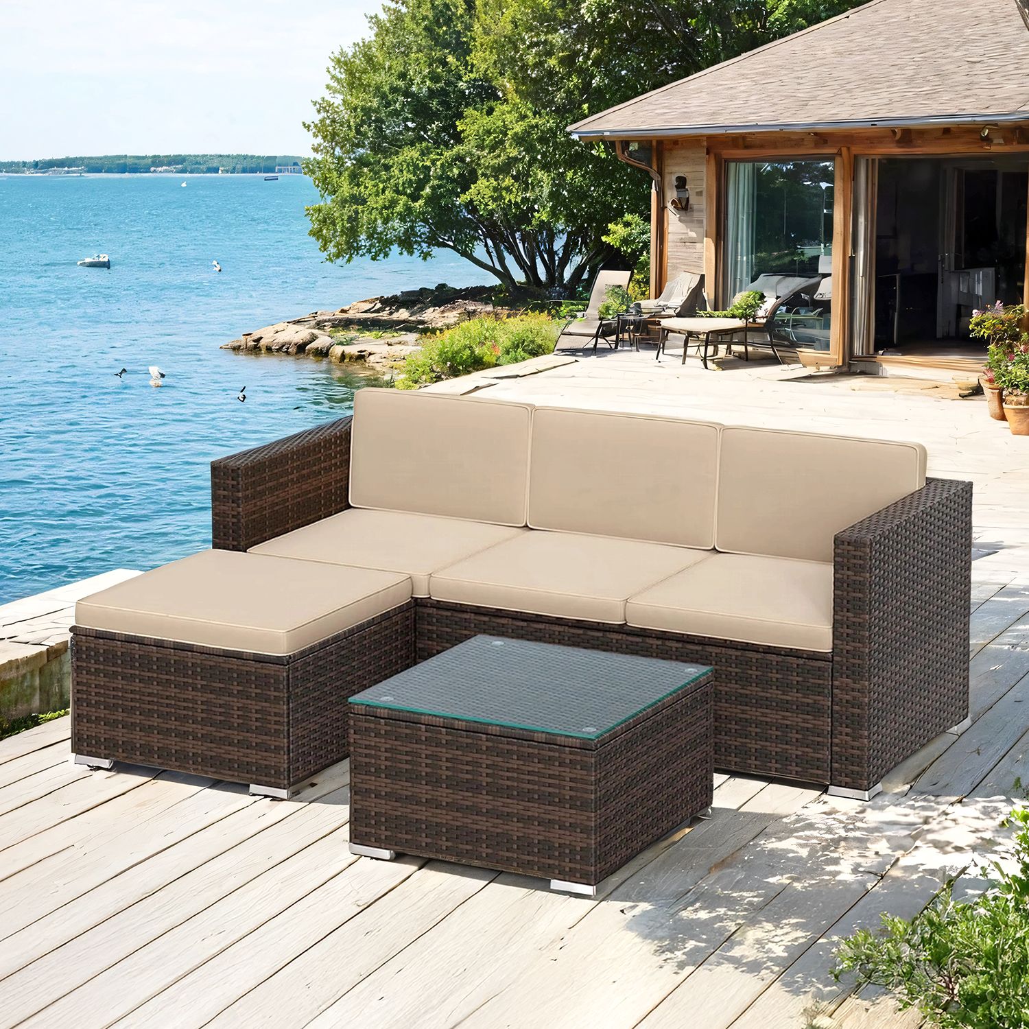 Garden Furniture Set - FIORIA Patio Conversation Sofa and Glass Table - Beige - Indigo Home