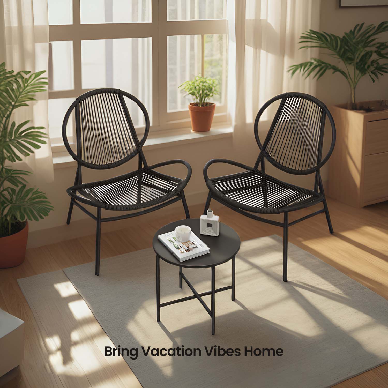 Garden Furniture Set - FIORIA 3 Piece Outdoor Bistro Set with 2 Acapulco Chairs and Side Table - Black - Indigo Home