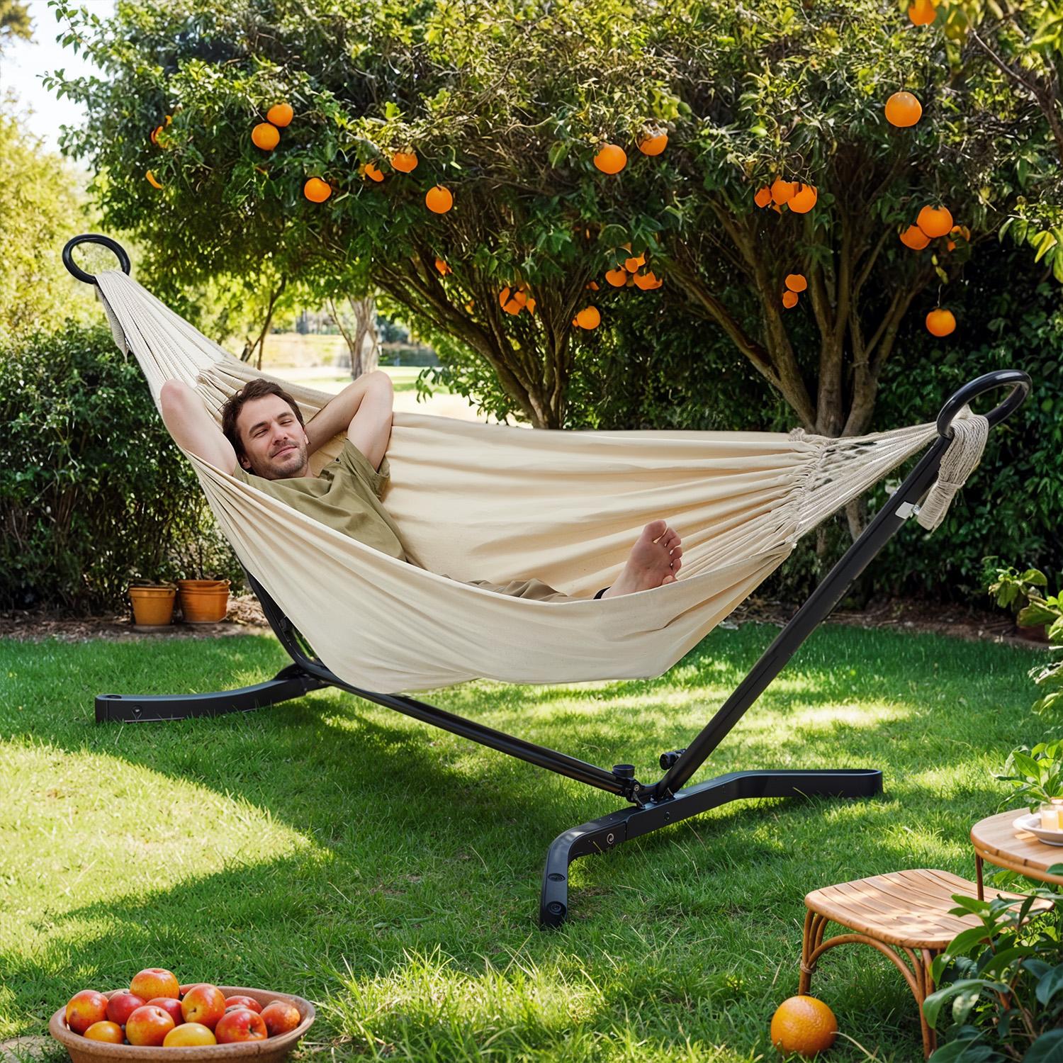 Hammock Swing - FIORIA Double Stand Included Faux Leather 529 lb Capacity - Beige - Indigo Home