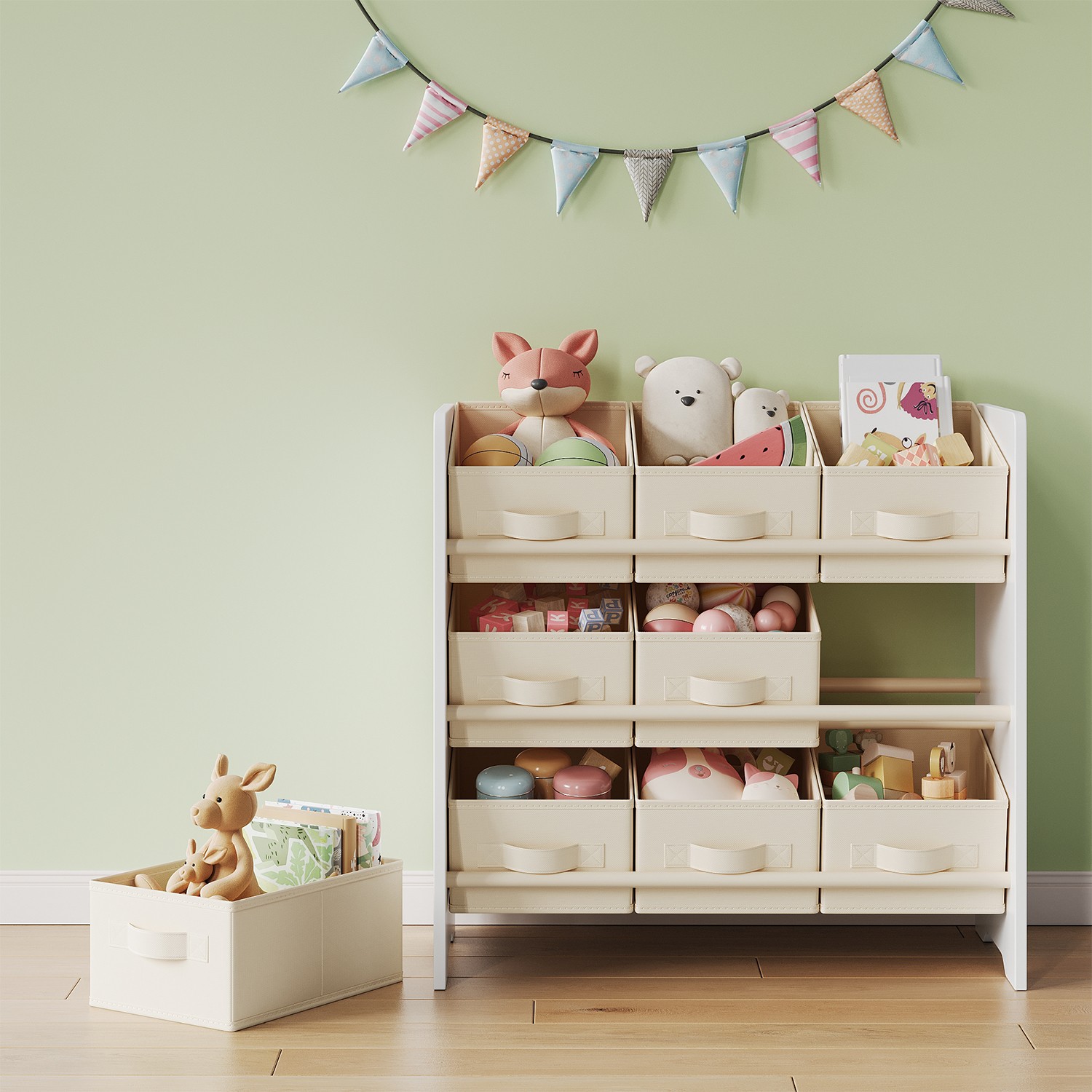 Toy Organiser - FIORIA Kid Shelf with 9 Fabric Boxes - Cloud White - Indigo Home