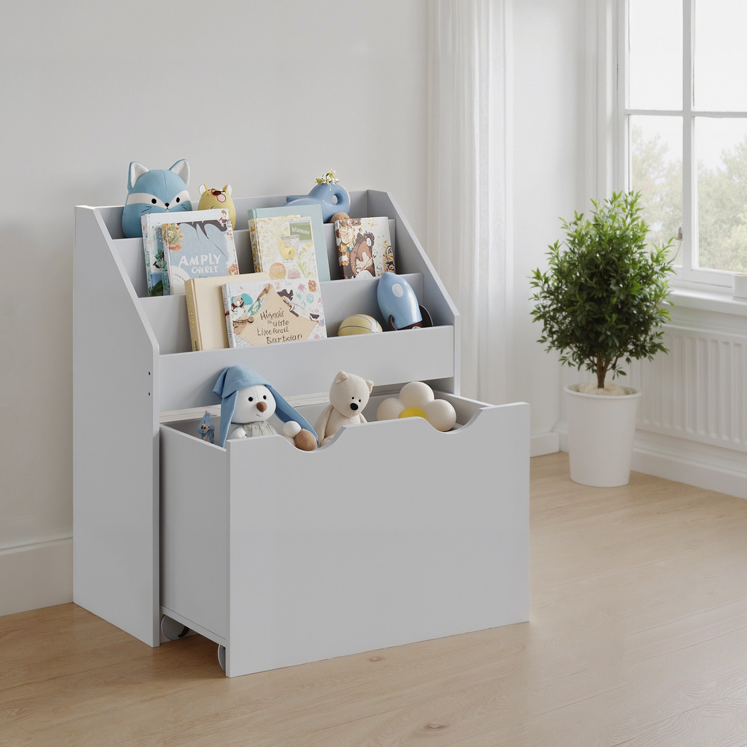 Toy Storage Rack - FIORIA Kids Bookshelf and Organiser with 3 Shelves - Light Grey - Indigo Home
