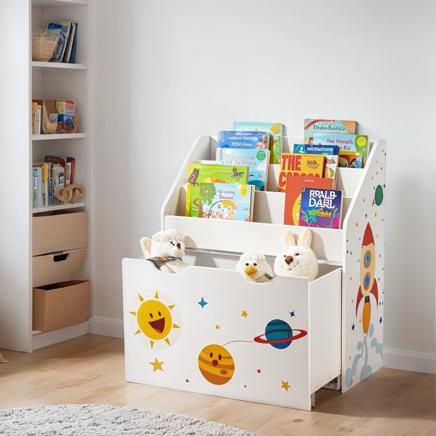 Toy Storage Rack - FIORIA Kids Bookshelf and Organiser with 3 Shelves Themed Pattern - White - Indigo Home