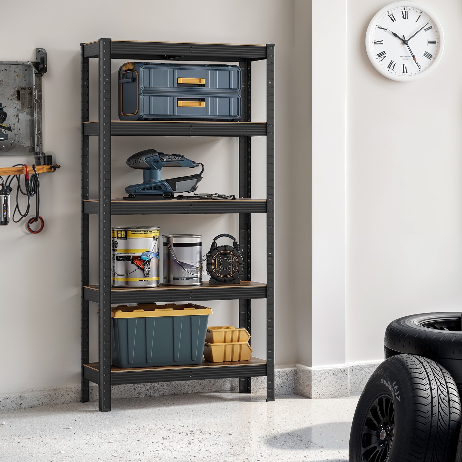 Shelving Unit - FIORIA 5 Tier Rustic Storage Unit 30 x 75 x 150 cm - Rustic Brown and Black - Indigo Home