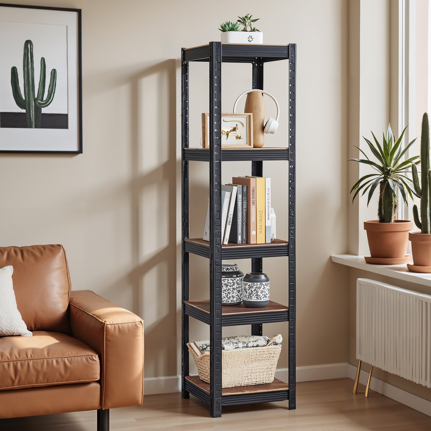 Shelving Unit - FIORIA 5 Tier Storage 37 x 37 x 150 cm - Brown and Black - Indigo Home