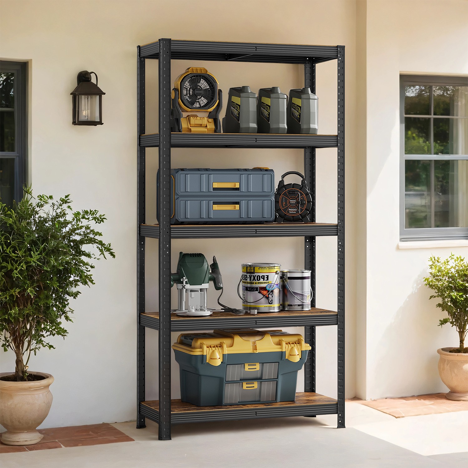 Shelving Unit - FIORIA 5 Tier Steel Storage - Rustic Brown and Black - Indigo Home