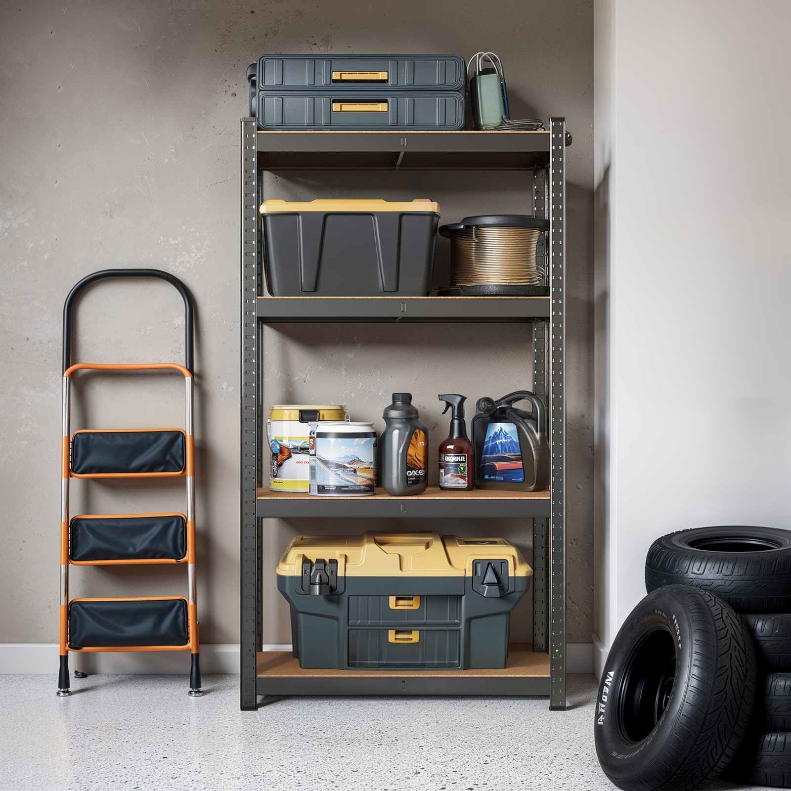 Shelving Unit - FIORIA 4 Tier Steel Storage - Black - Indigo Home