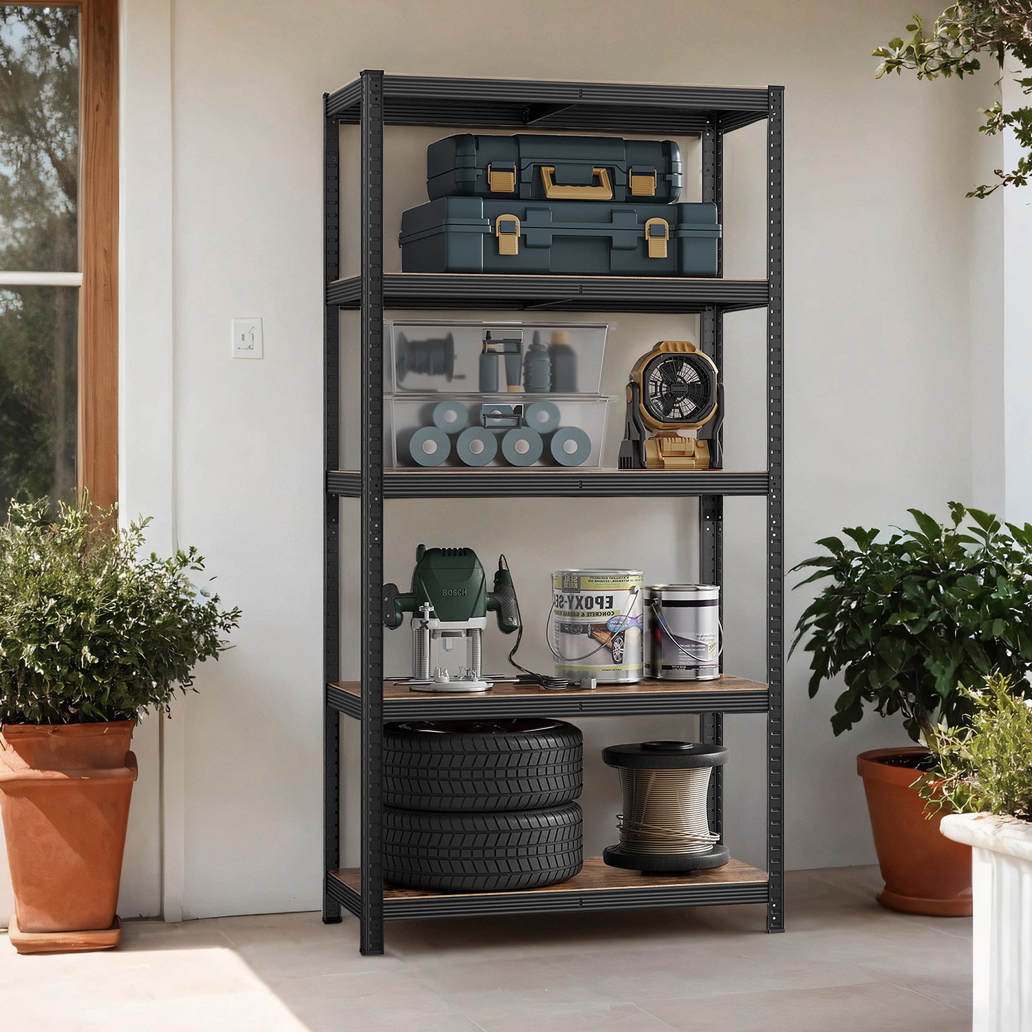 Shelving Unit - FIORIA 5 Tier Steel Storage - Black - Indigo Home