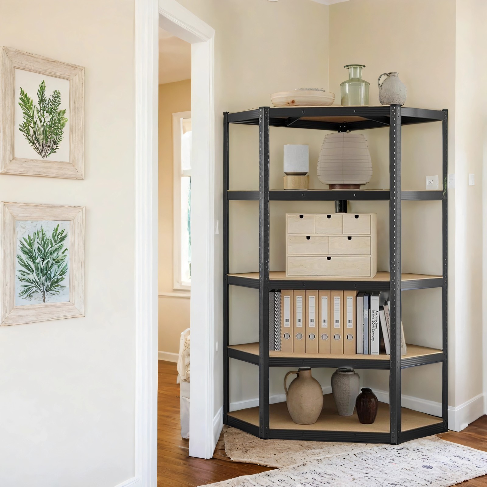 Corner Shelf - FIORIA 5 Tier Heavy Duty Garage Shelving - Black - Indigo Home