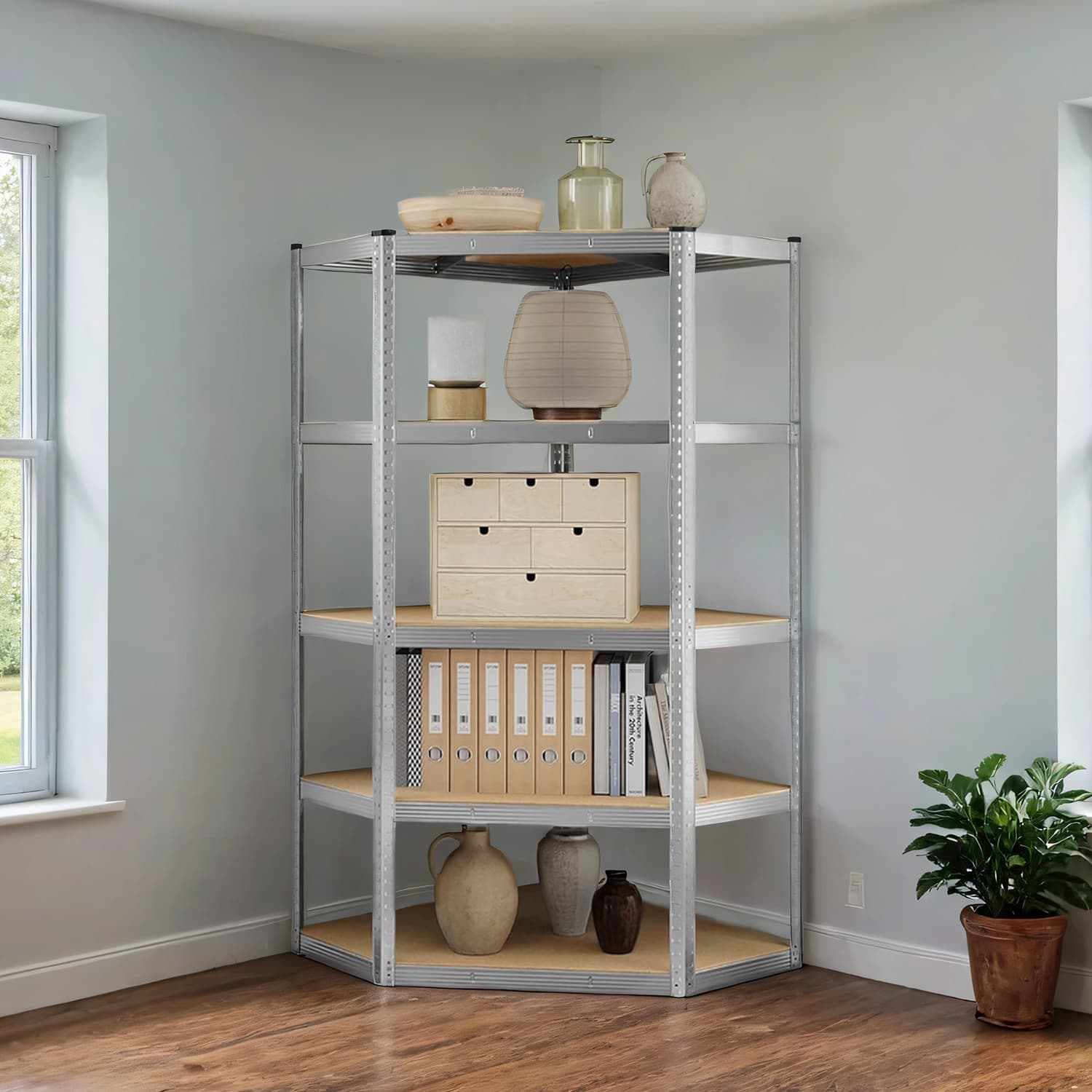 Corner Shelf - FIORIA 5 Tier Heavy Duty Metal Shelving - Grey - Indigo Home