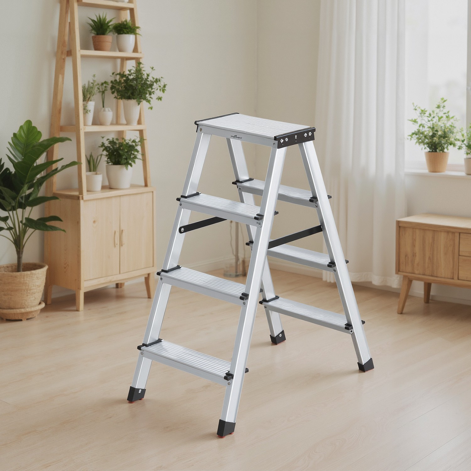 Ladder - FIORIA 4-Step Aluminium Multi-Purpose Ladder with Non-Slip Steps and 150 kg Capacity - Silver - Indigo Home
