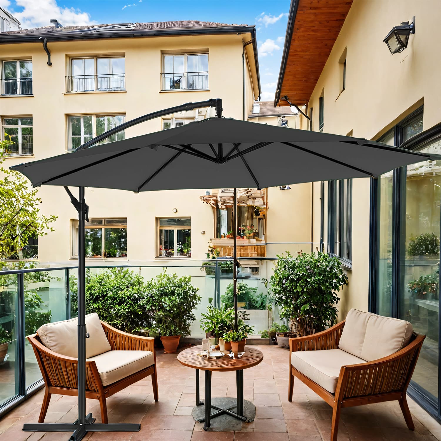 Patio Parasol - FIORIA Cantilever Umbrella with Base and Tilt - Grey - Indigo Home