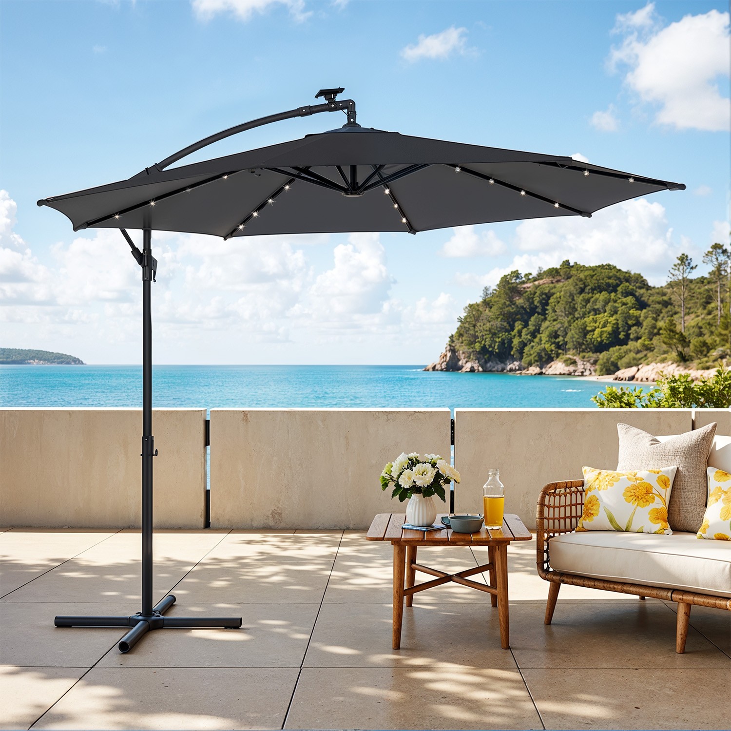 Patio Parasol - FIORIA Cantilever Umbrella with Solar LED Lights and Base UPF 50+ - Grey - Indigo Home