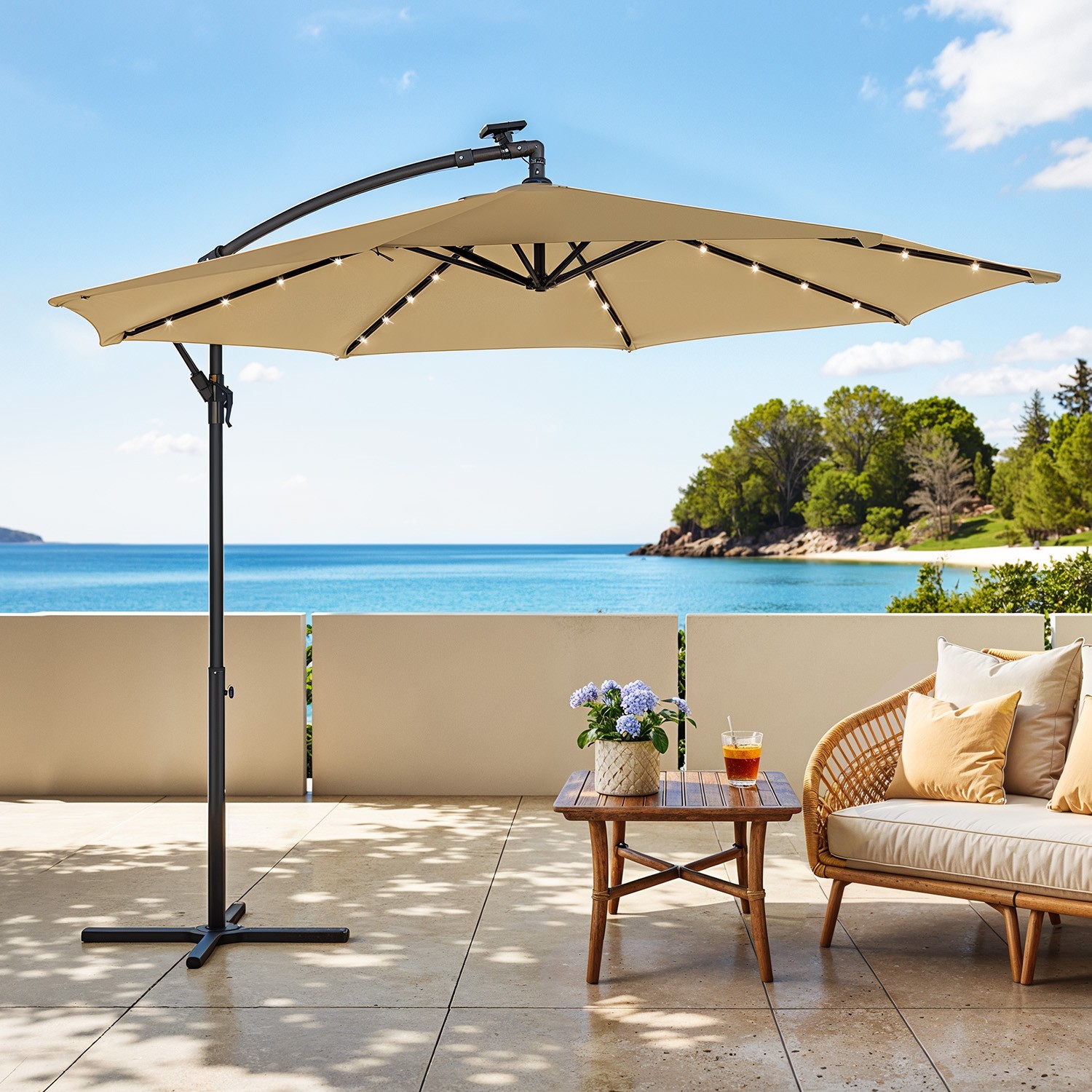 Patio Umbrella - FIORIA Banana Style with Base - Beige - Indigo Home