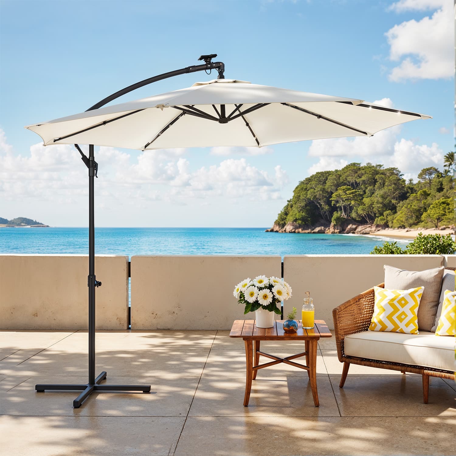 Patio Parasol - FIORIA Cantilever Umbrella with Solar LED Lights UPF 50+ - Beige - Indigo Home