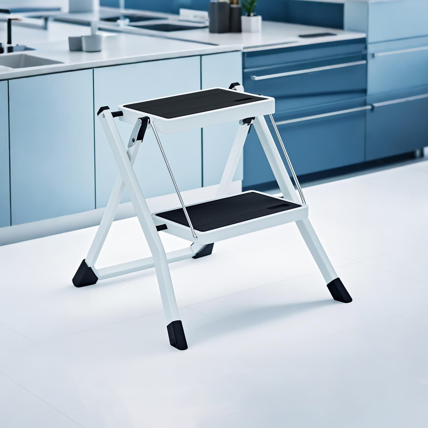Ladder - FIORIA Folding 2-Step Safety Lock, Non-Slip Treads - White - Indigo Home
