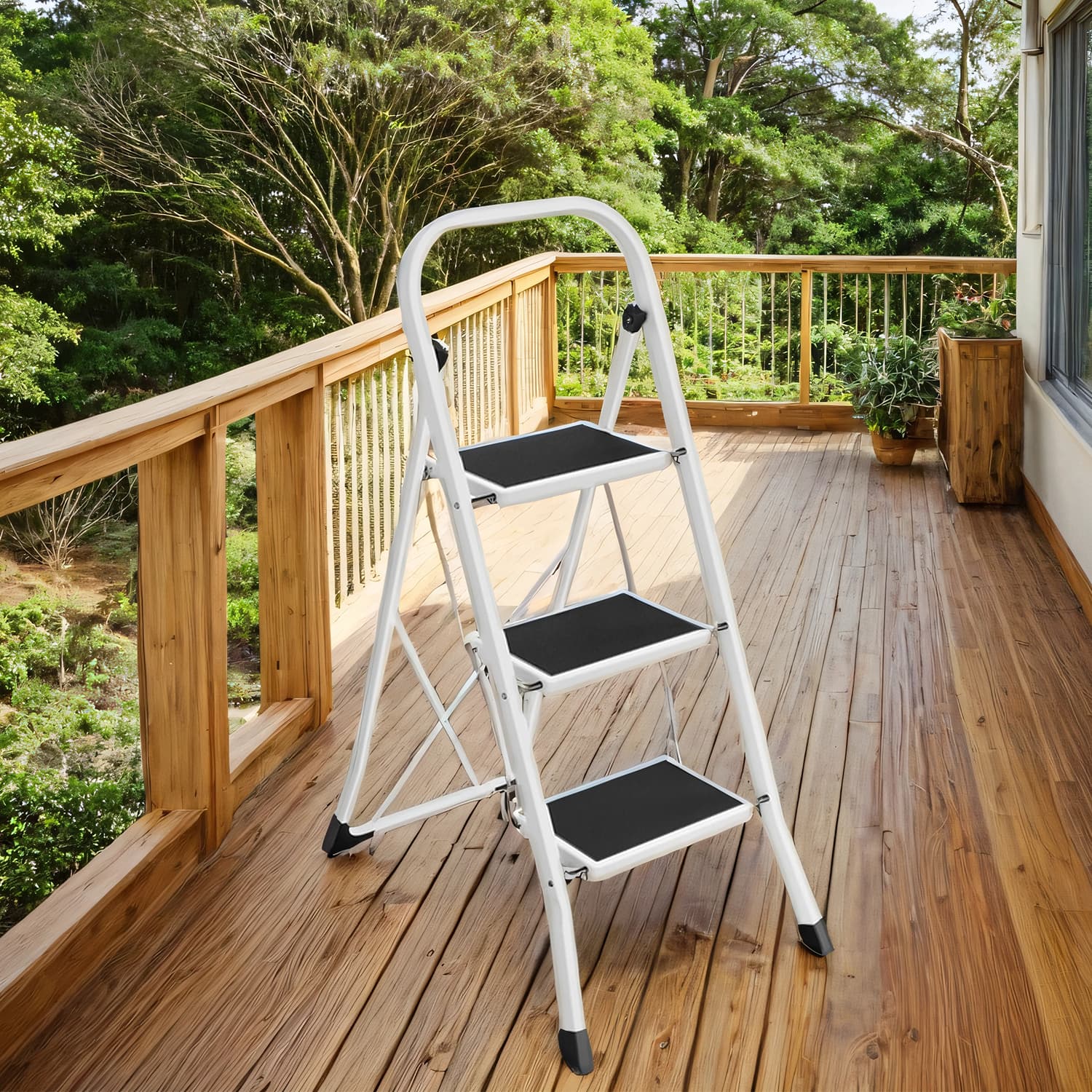 Ladder - FIORIA Folding 3 Step Ladder with Non-Slip Treads - White - Indigo Home