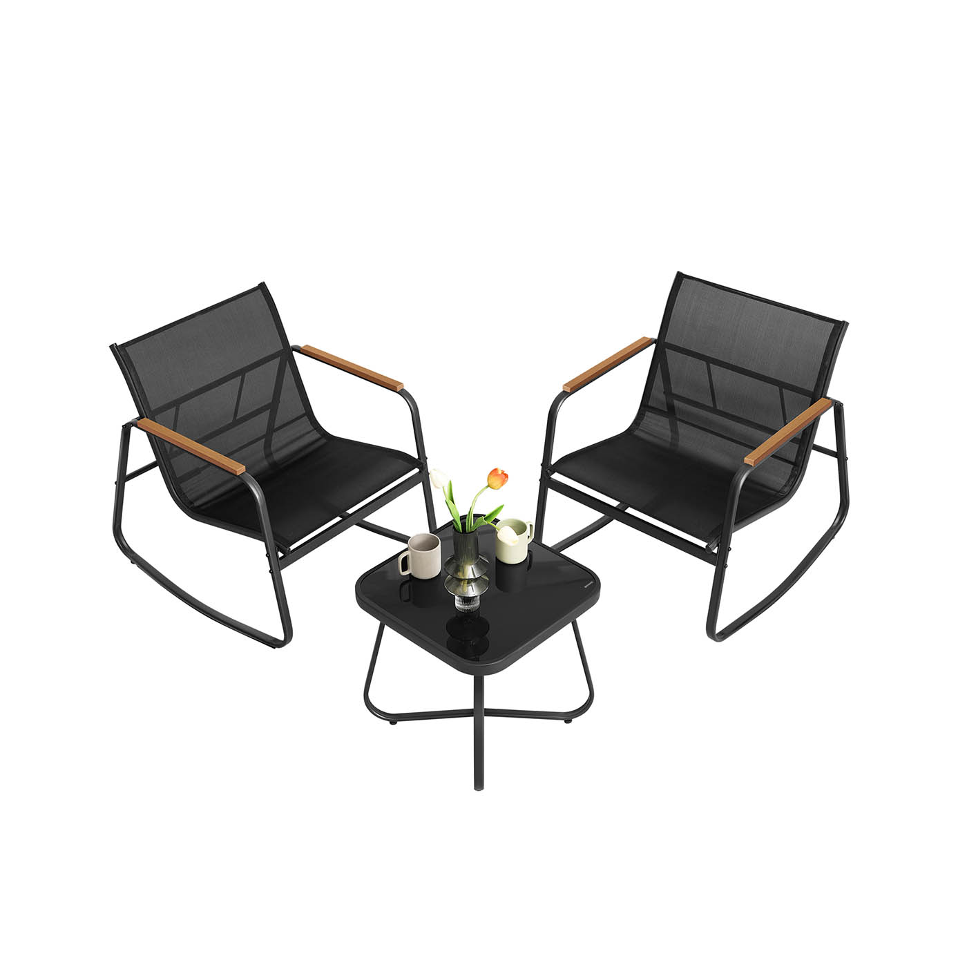 Patio Furniture - SERNZA 2 Rocking Chairs and Table Set - Black - Indigo Home