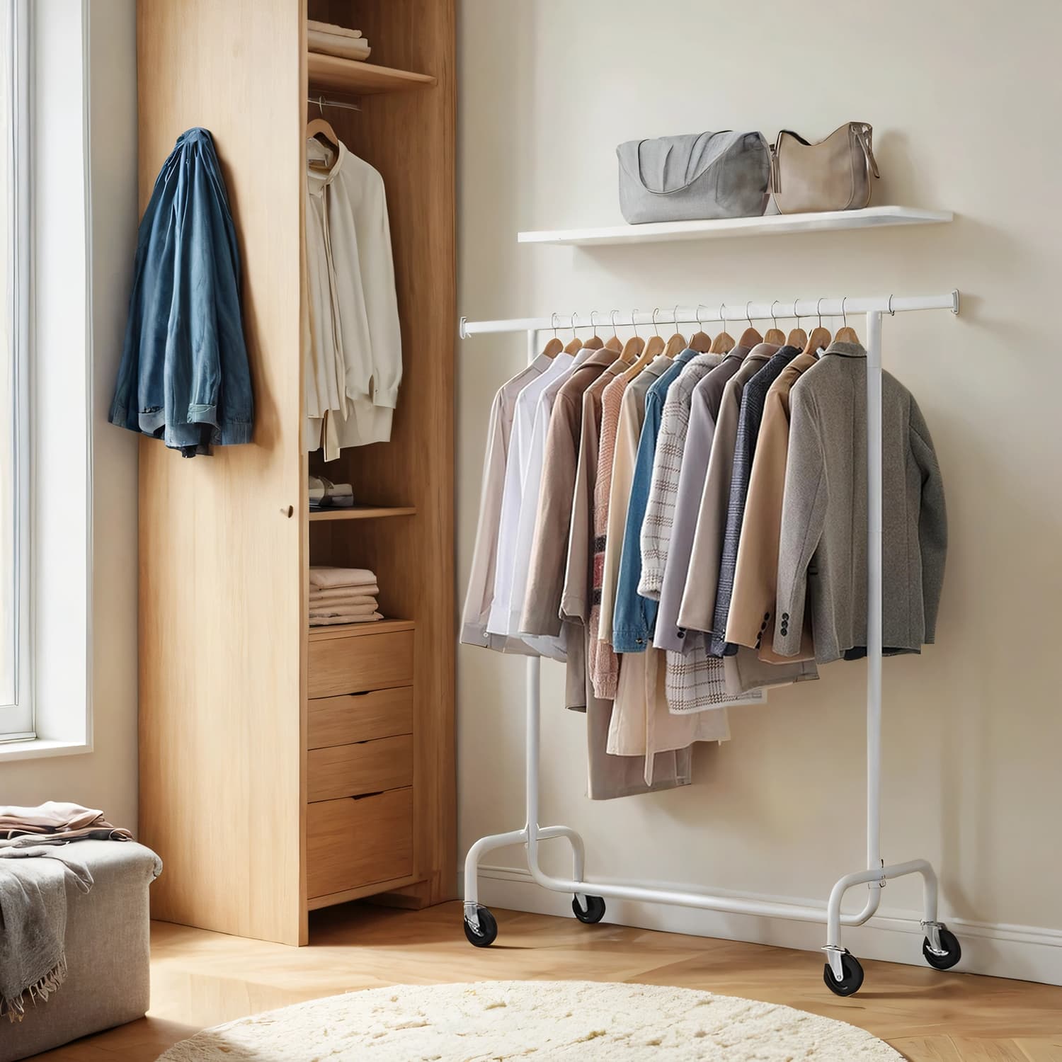Clothes Rack - TARVA Heavy Duty Rack with Wheels and Extendable Rod - White - Indigo Home