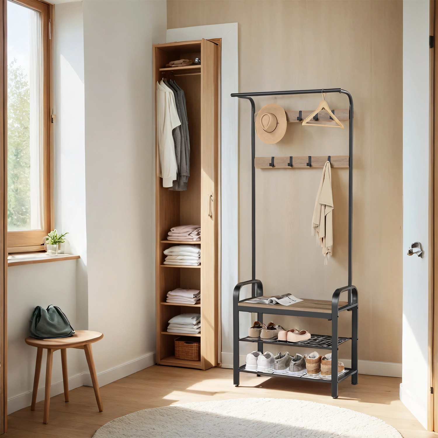 Coat Rack - TARVA 4-in-1 Stand with Shoe Storage Bench - Camel Brown - Indigo Home