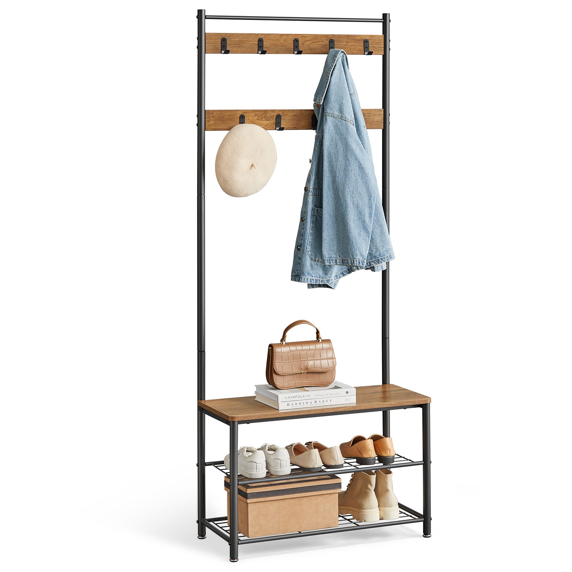 Coat Rack - TARVA Hall Tree Shoe Storage Bench 32 x 70 x 175 cm - Black Brown - Indigo Home