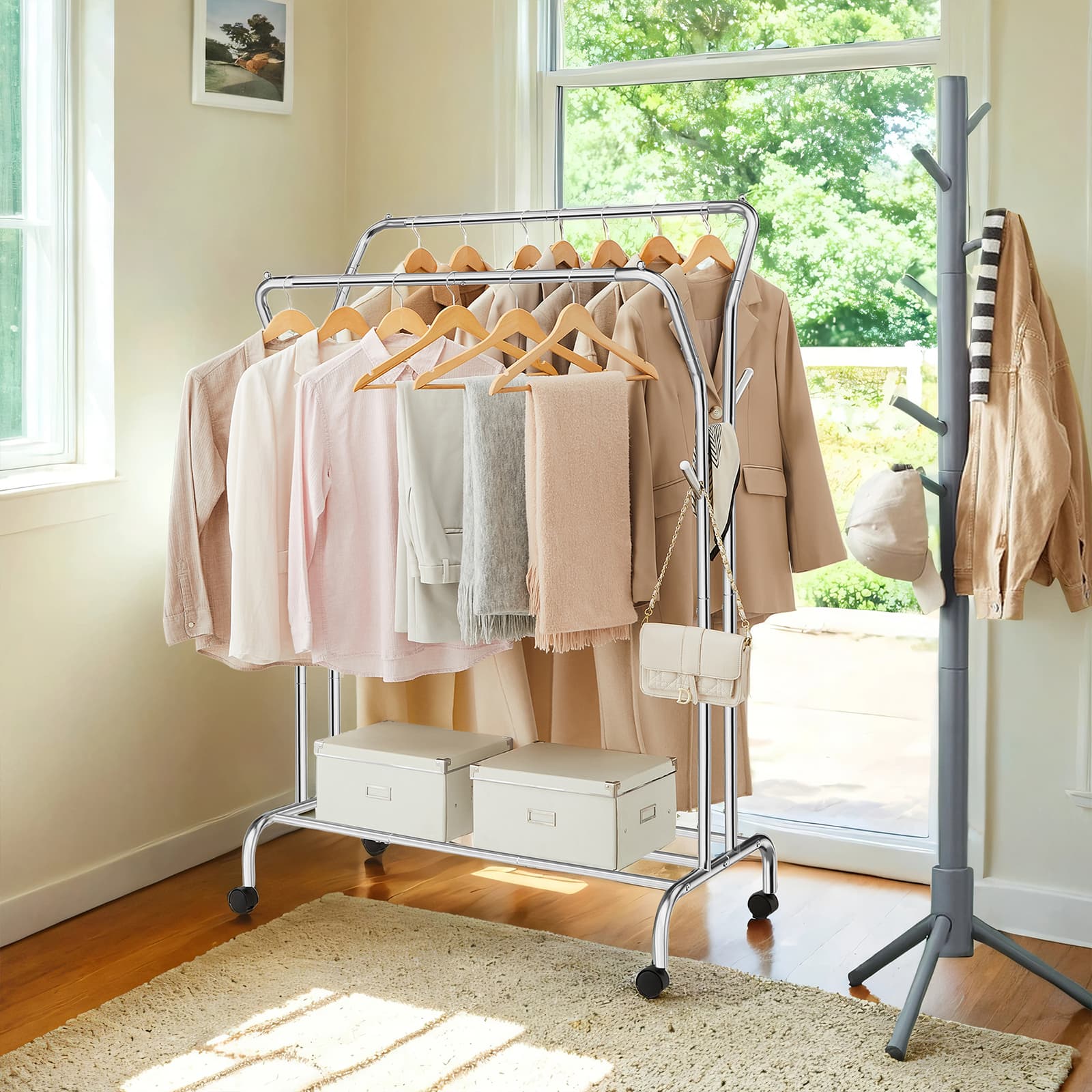 Clothes Rack - TARVA Double-Rod Heavy Duty with Wheels - Silver - Indigo Home