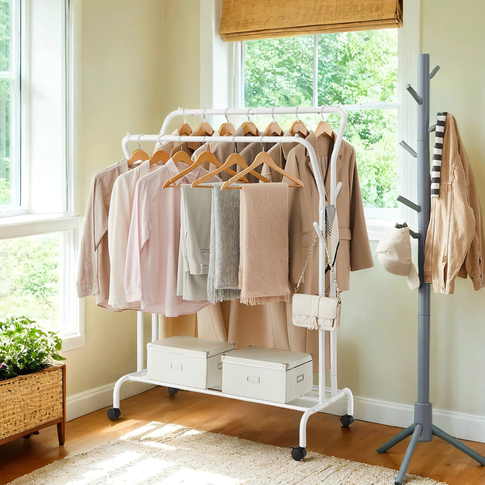 Clothes Rack - TARVA Double-Rod Heavy Duty with Wheels - White - Indigo Home
