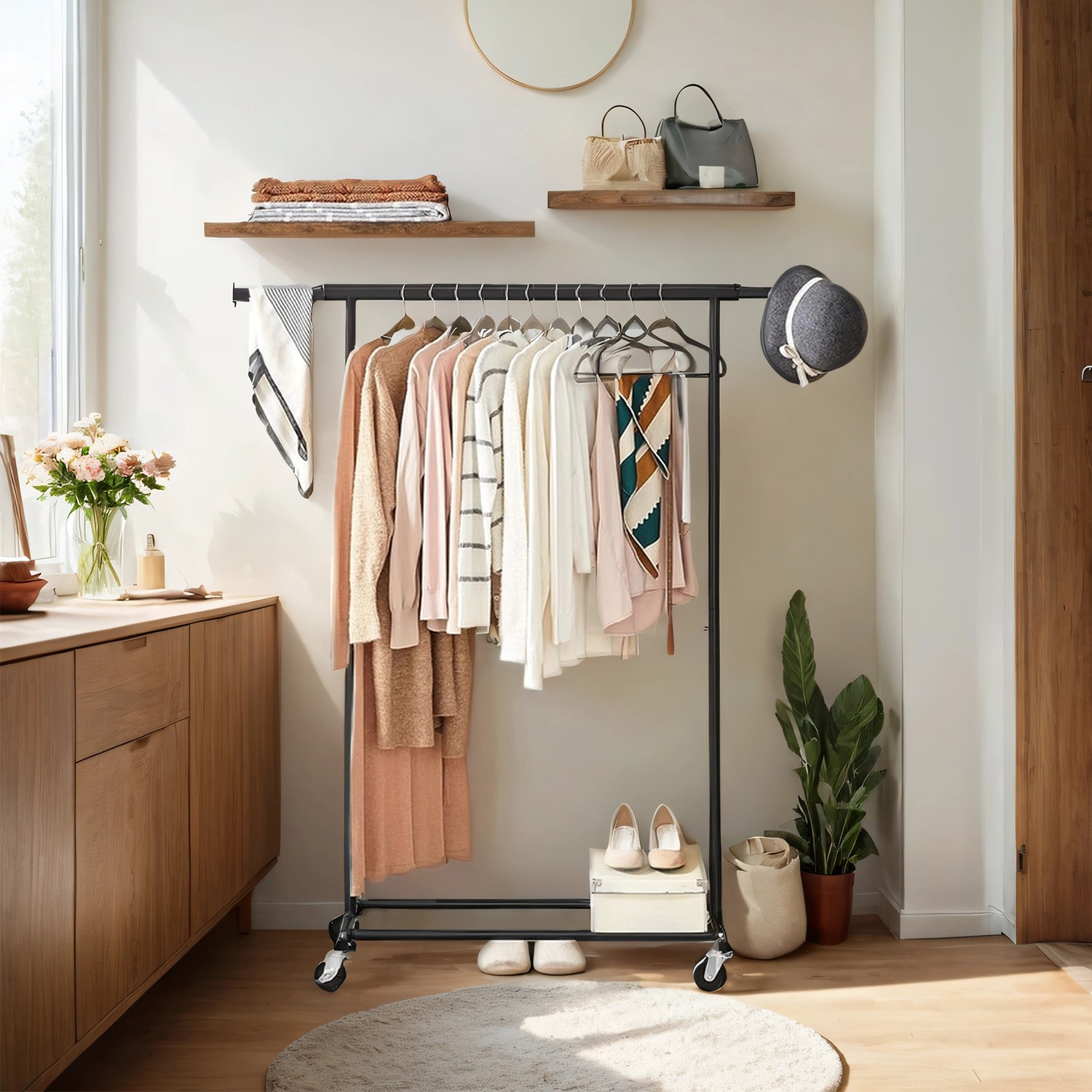 Clothes Rack - TARVA Heavy Duty Extendable with Wheels 100 kg Capacity - Black - Indigo Home
