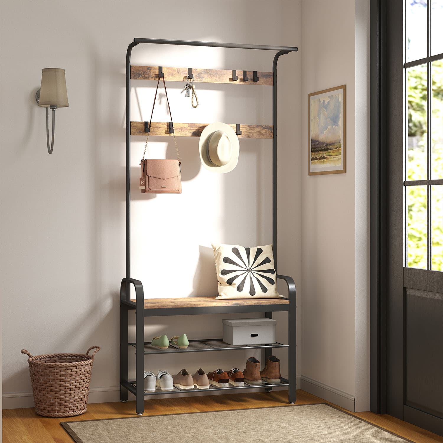 Coat Rack - TARVA Hall Tree with Shoe Bench Entryway Rustic Brown - Indigo Home