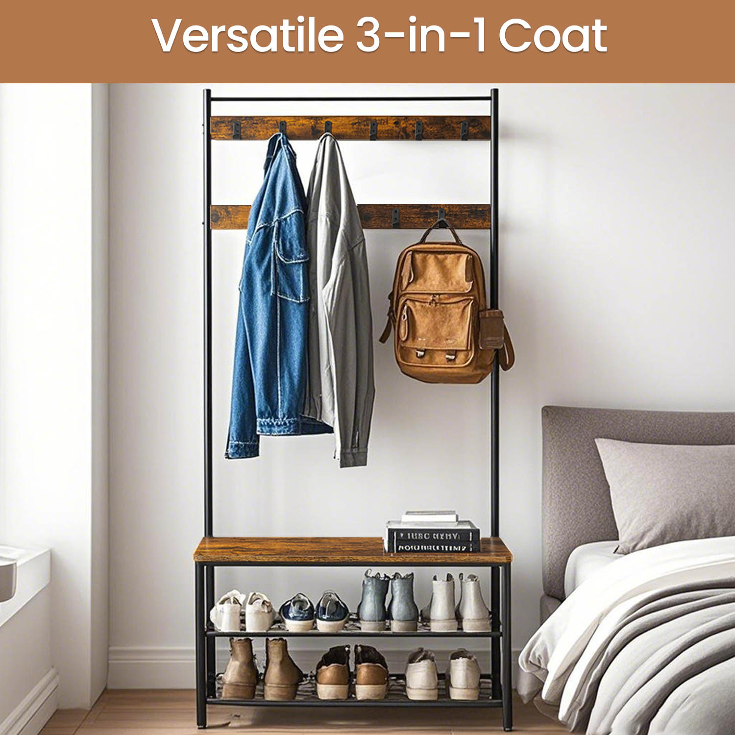 Coat Rack - TARVA Hall Tree Shoe Storage Bench Rustic Brown - Indigo Home