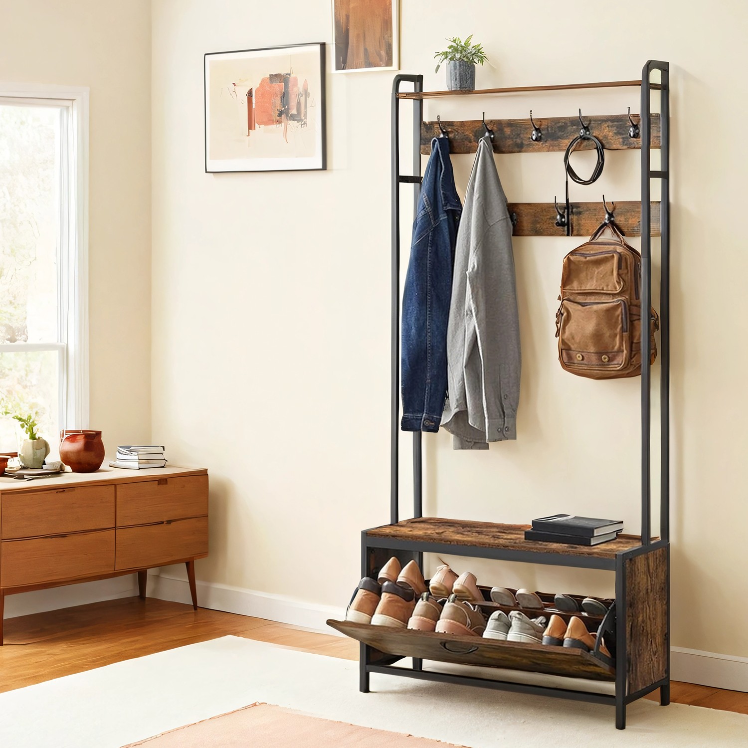 Coat Rack - TARVA Hall Tree with Bench and Shoe Storage - Black - Indigo Home