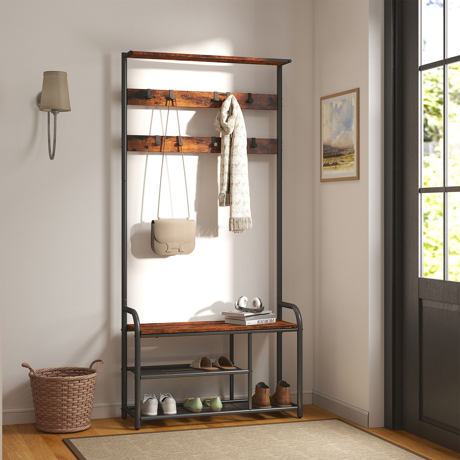 Coat Rack - TARVA Hall Tree with Bench and Shoe Storage 9 Removable Hooks - Rustic Brown - Indigo Home