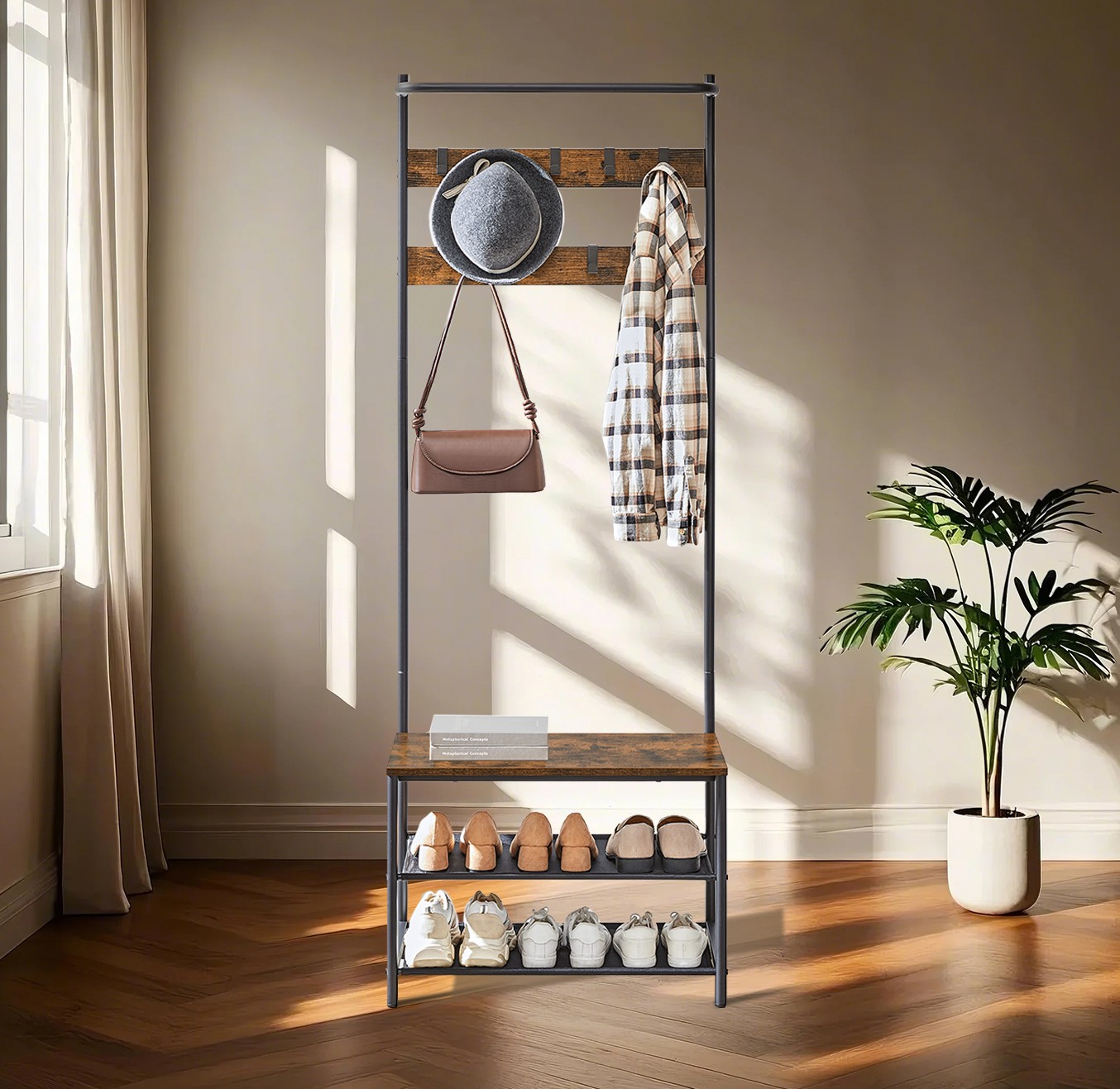 Hall Tree - TARVA Entryway Bench Coat Rack Shoe Storage - Brown - Indigo Home