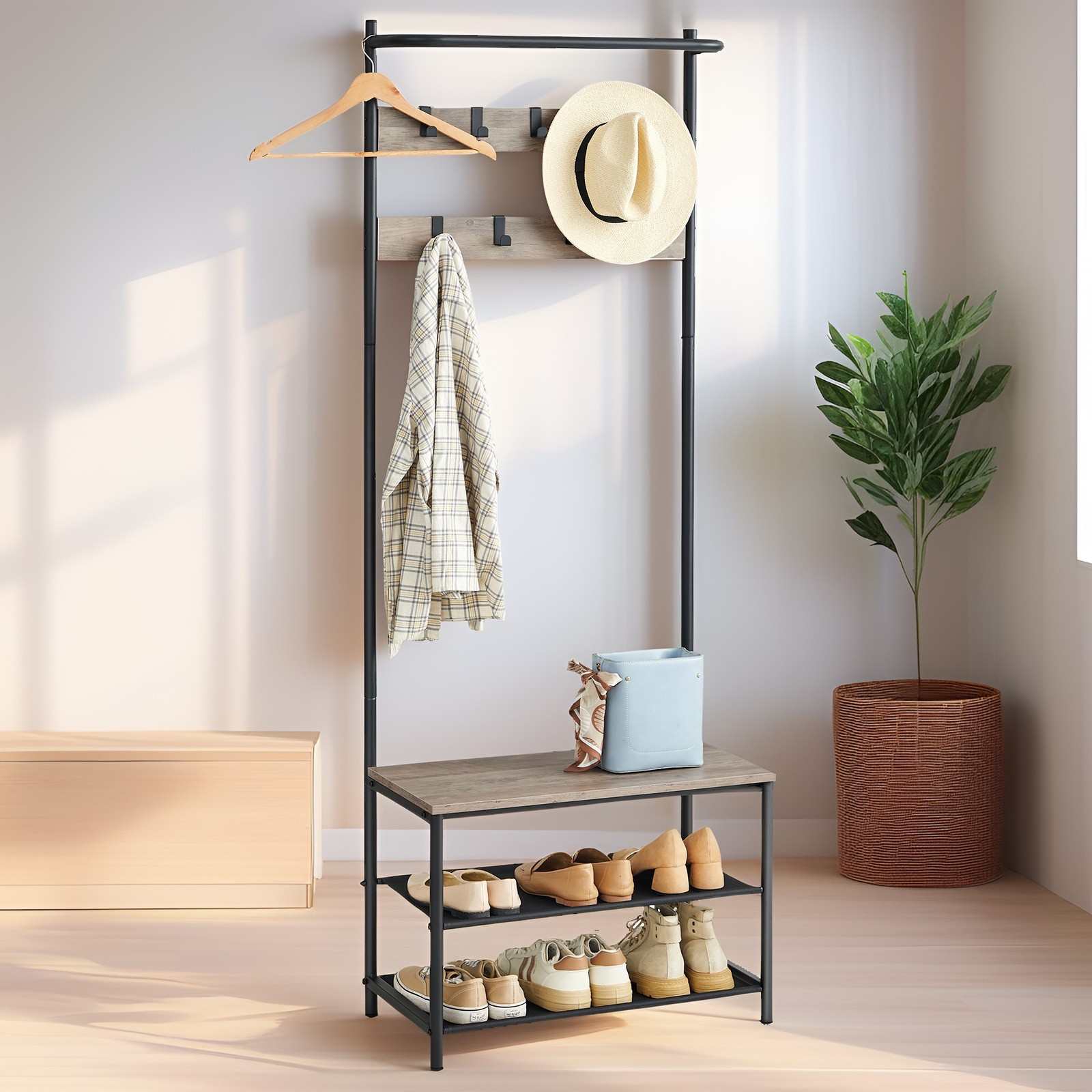 Hall Tree - TARVA Entryway Bench Coat Rack Shoe Storage - Heather Greige - Indigo Home