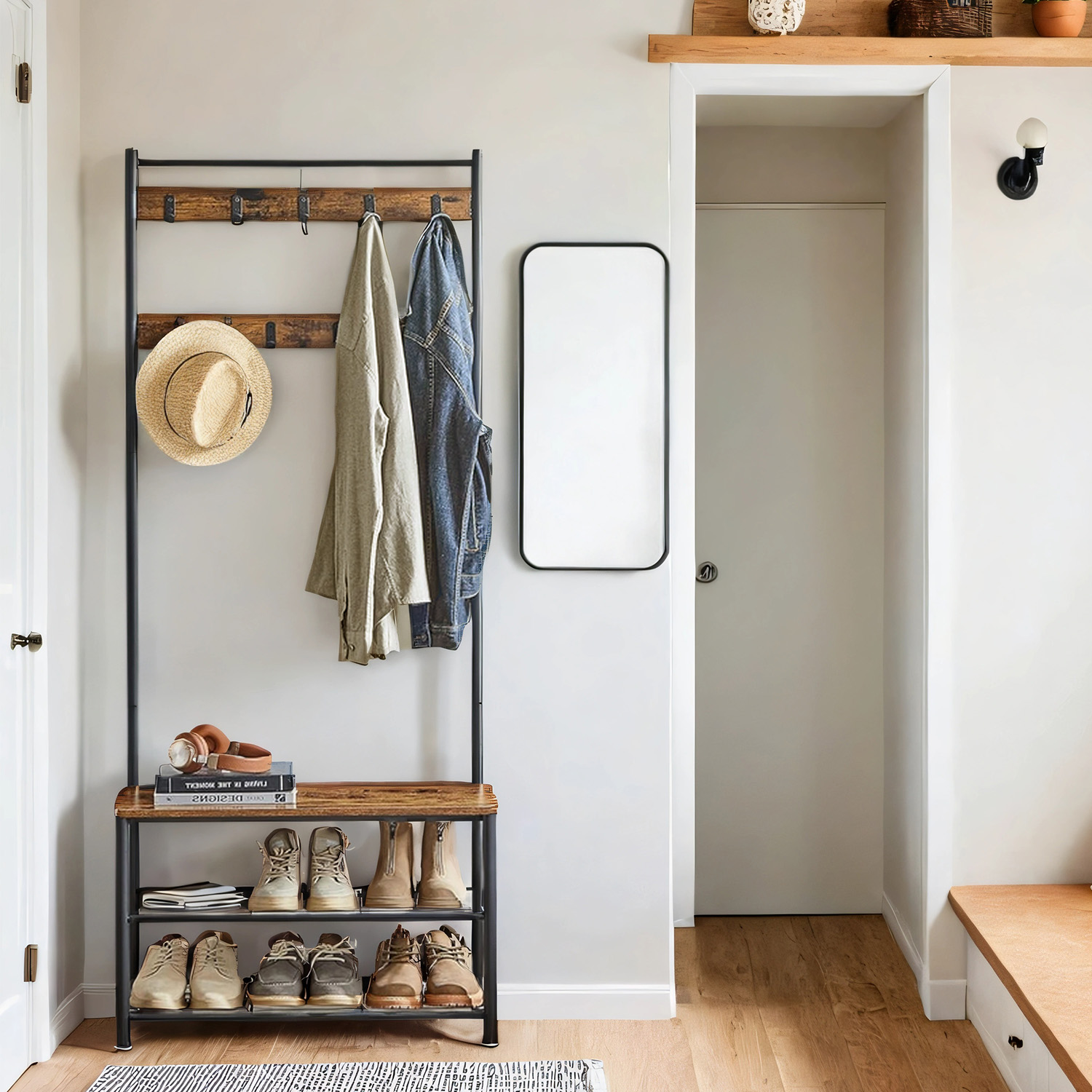 Coat Rack - TARVA Hall Tree Shoe Storage Bench - Rustic Walnut - Indigo Home