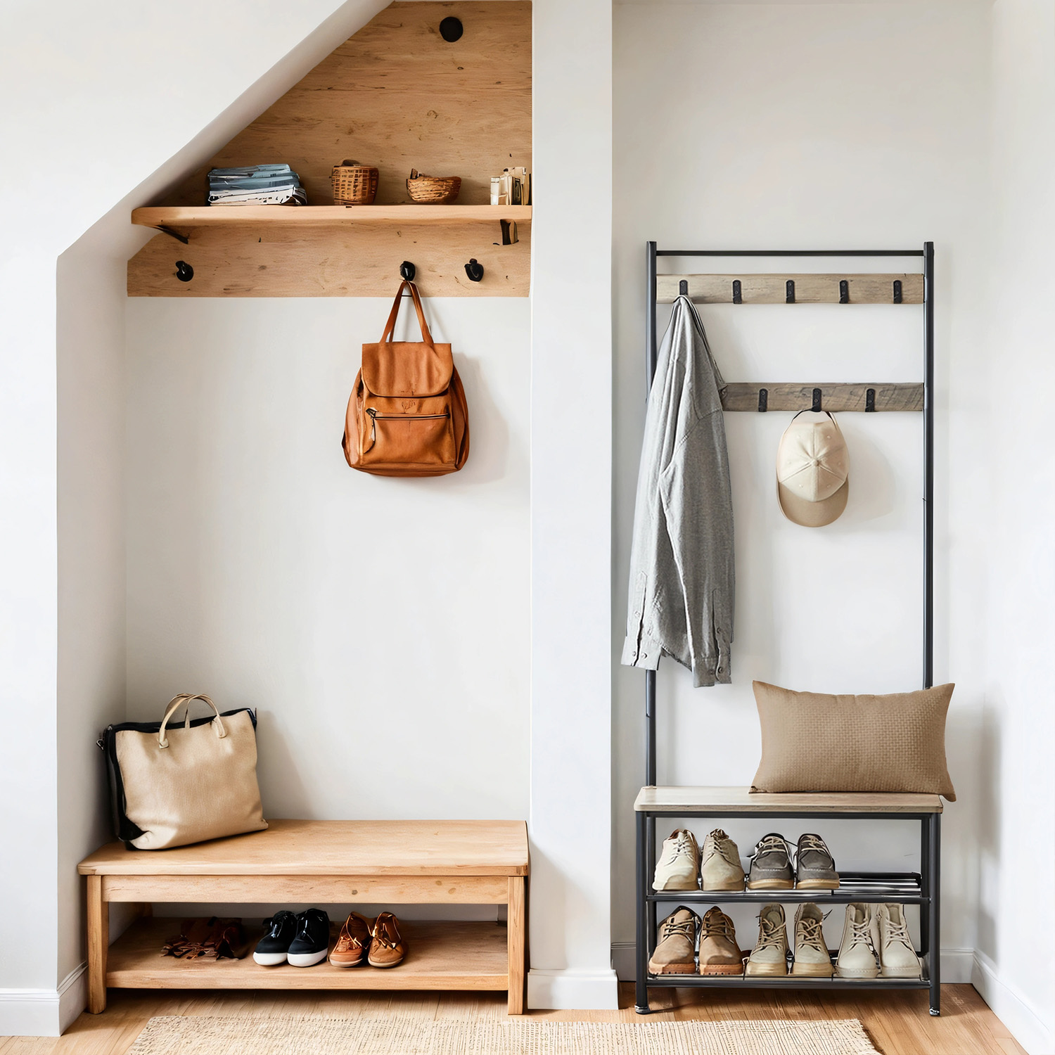 Coat Rack - TARVA Hall Tree Shoe Storage Bench - Light Grey - Indigo Home