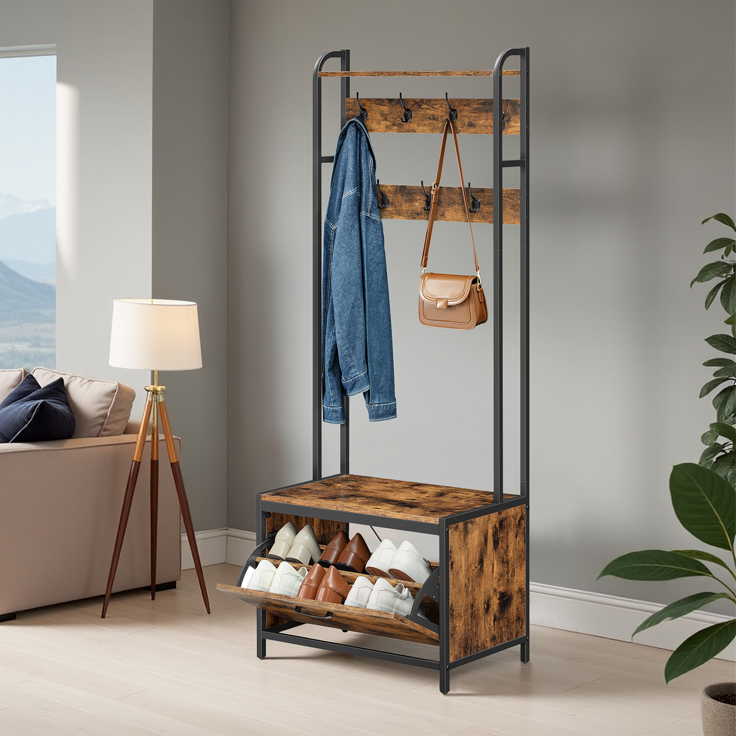 Hall Tree - TARVA Industrial Entryway Bench with Shoe Storage, Shelf and 7 Hooks - Brown - Indigo Home