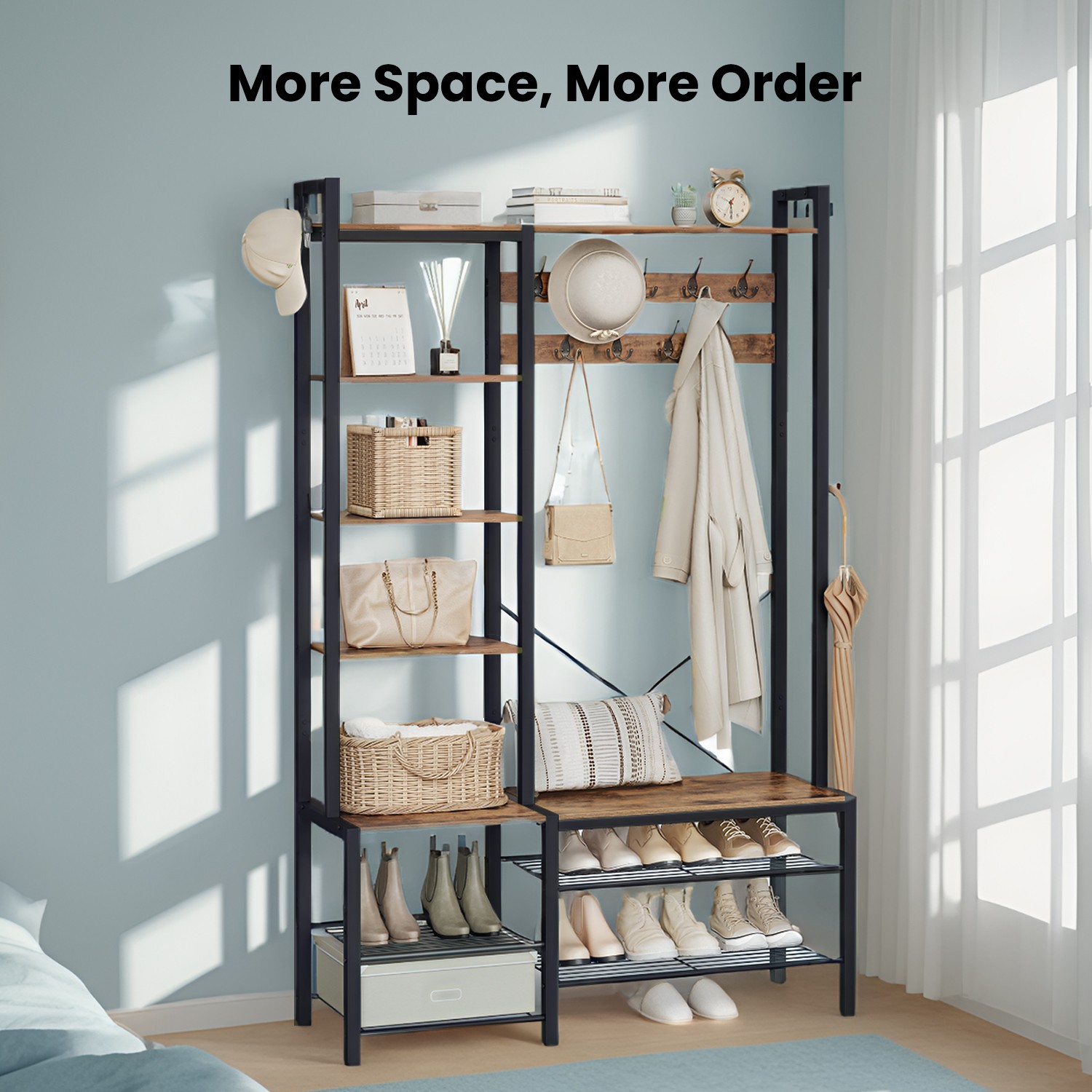 Hall Tree - TARVA Coat Rack Shoe Bench with 5 Shelves - Black - Indigo Home