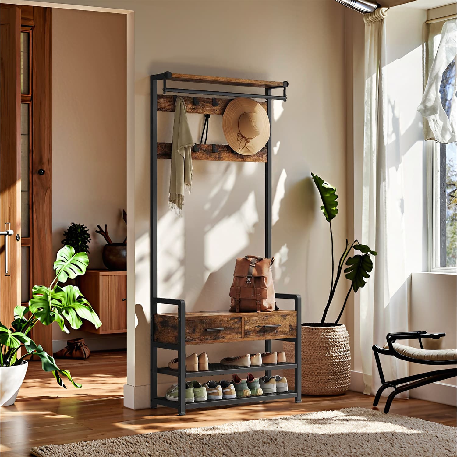 Hall Tree - TARVA Coat Rack Shoe Bench 30 x 80.4 x 181.6 cm - Brown - Indigo Home