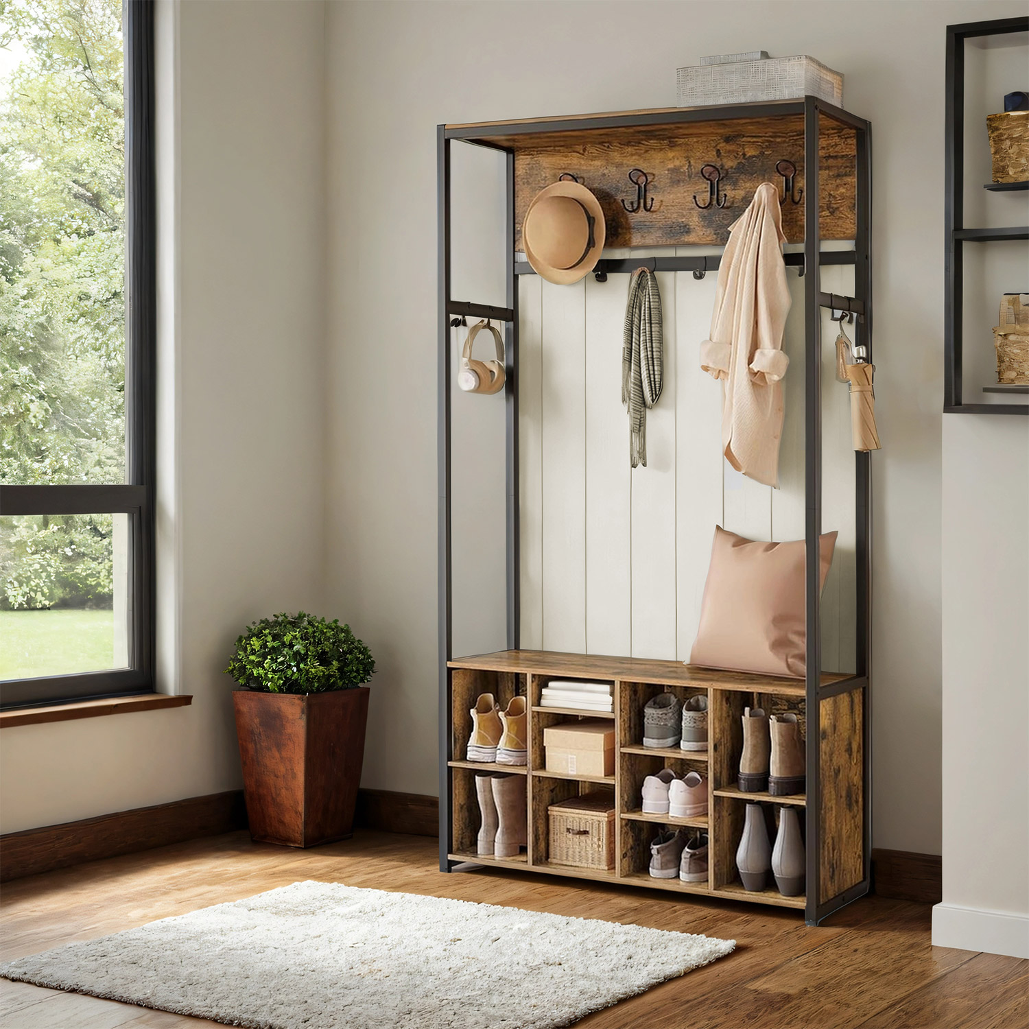 Hall Tree - TARVA Coat Rack Shoe Bench - Camel Brown - Indigo Home