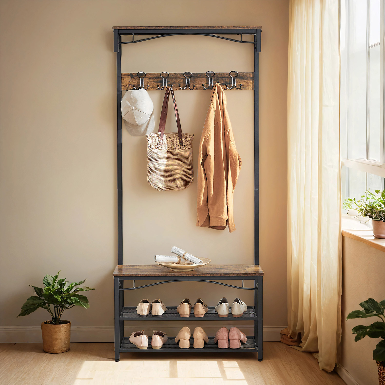 Coat Rack - TARVA Hallway Cabinet with Top Board and Shoe Rack - Brown Black - Indigo Home