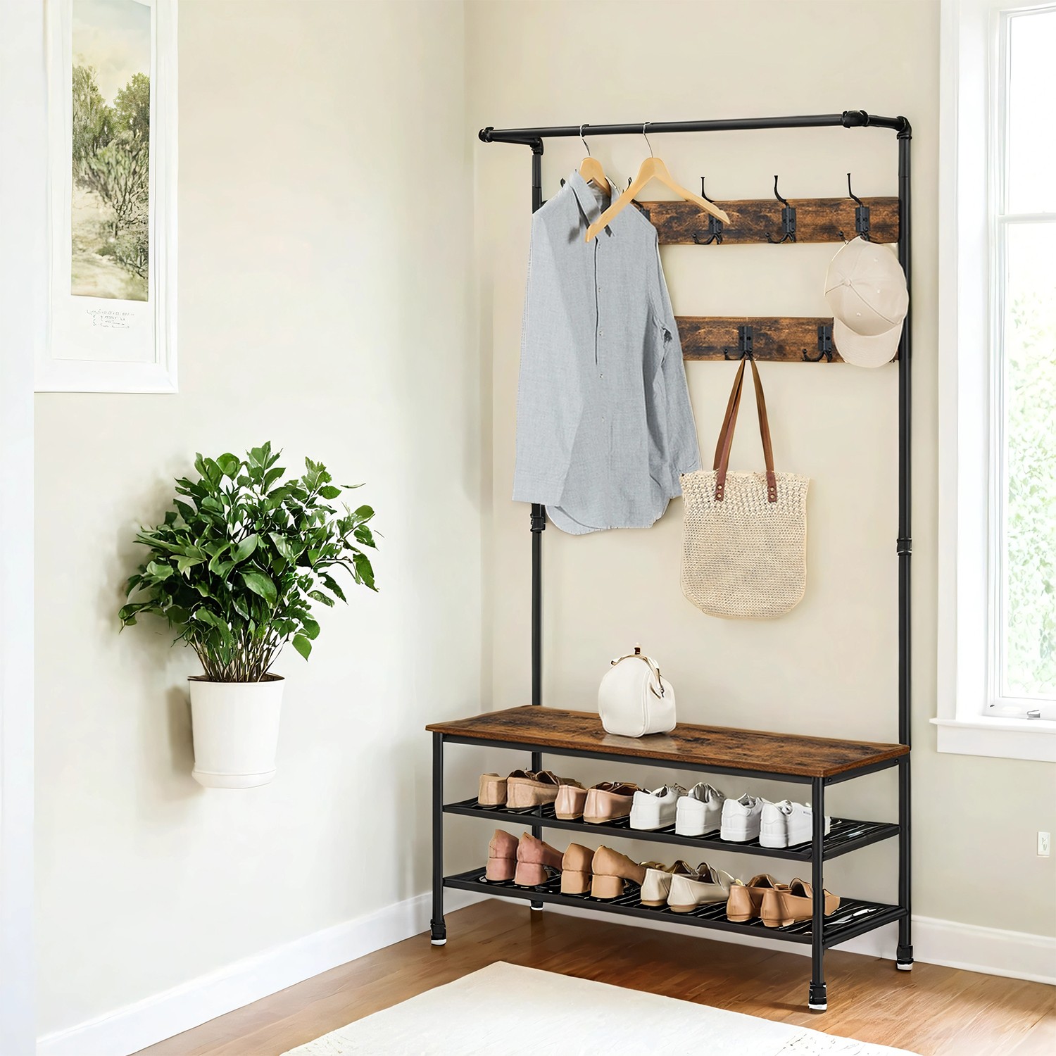 Hall Tree - TARVA Entryway Bench with Shoe Storage and Coat Rack - Black - Indigo Home