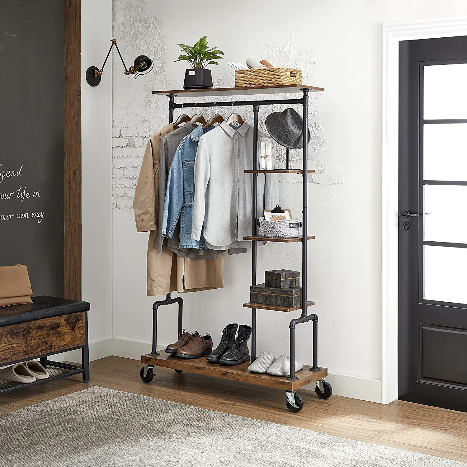 Clothes Rack - TARVA Mobile Clothing Rail on Wheels - Brown Black - Indigo Home