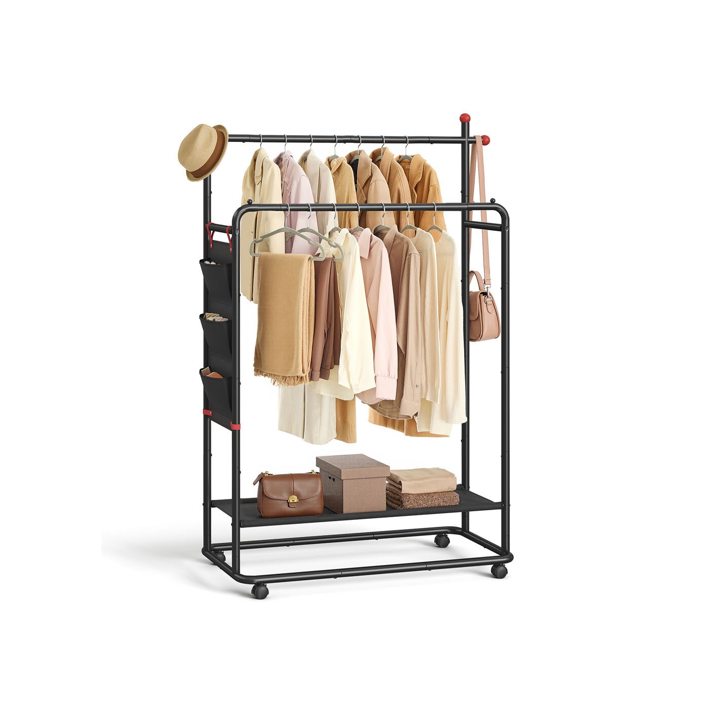 Clothes Rail - FIONIA On Wheels with 2 Hanging Rails - Black - Indigo Home