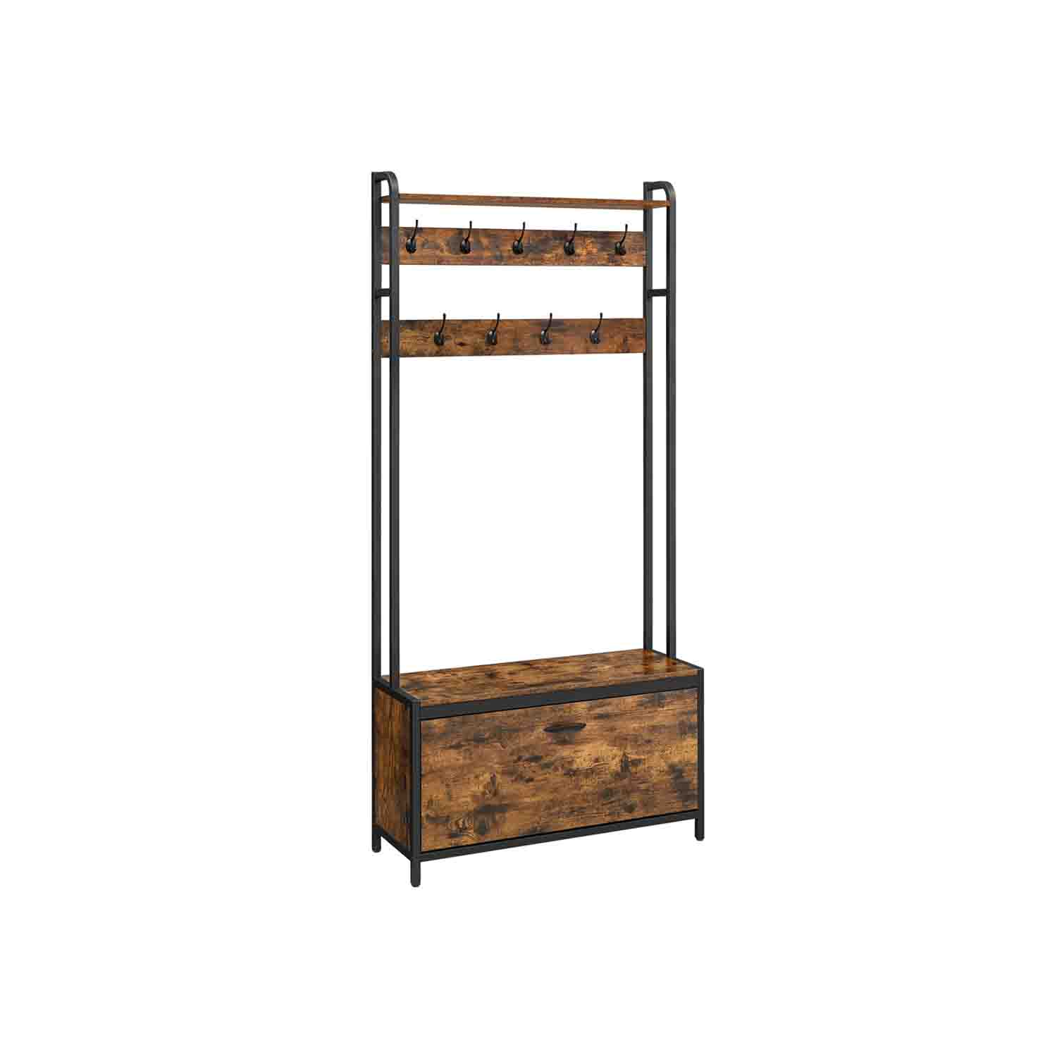 Coat Rack - VELRO Shoe Storage Bench with 9 Hooks and Top Shelf - Rustic Brown - Indigo Home